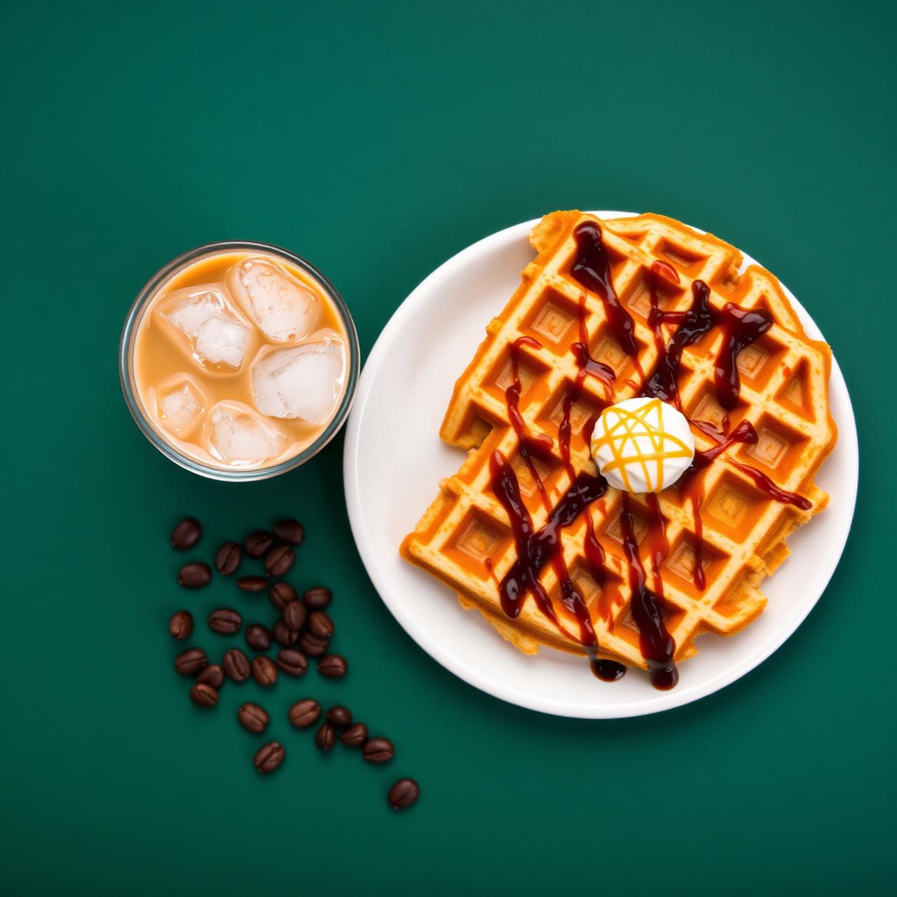 Waffle and iced coffee on green background