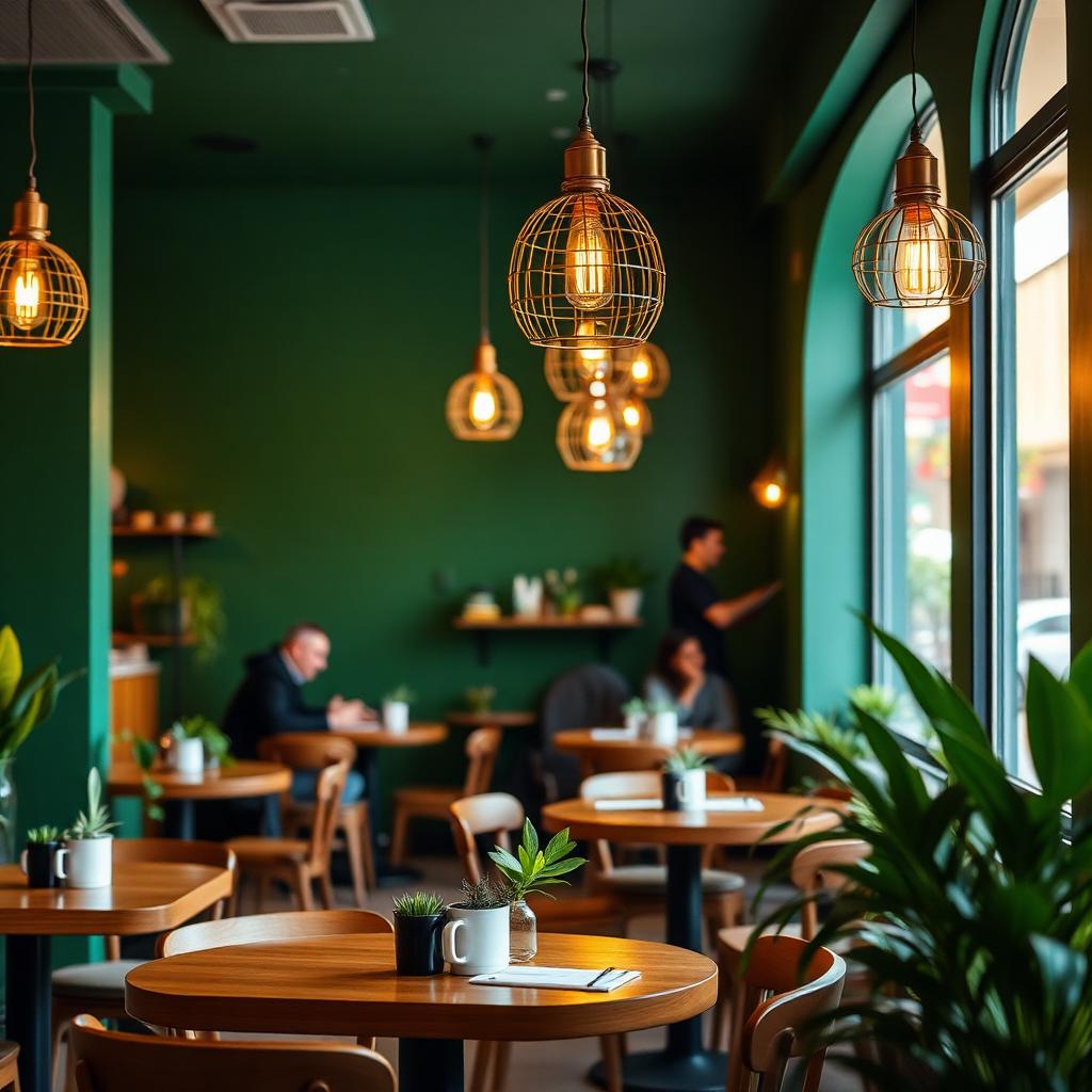 Dolce Shot café interior with deep green walls and pendant lights