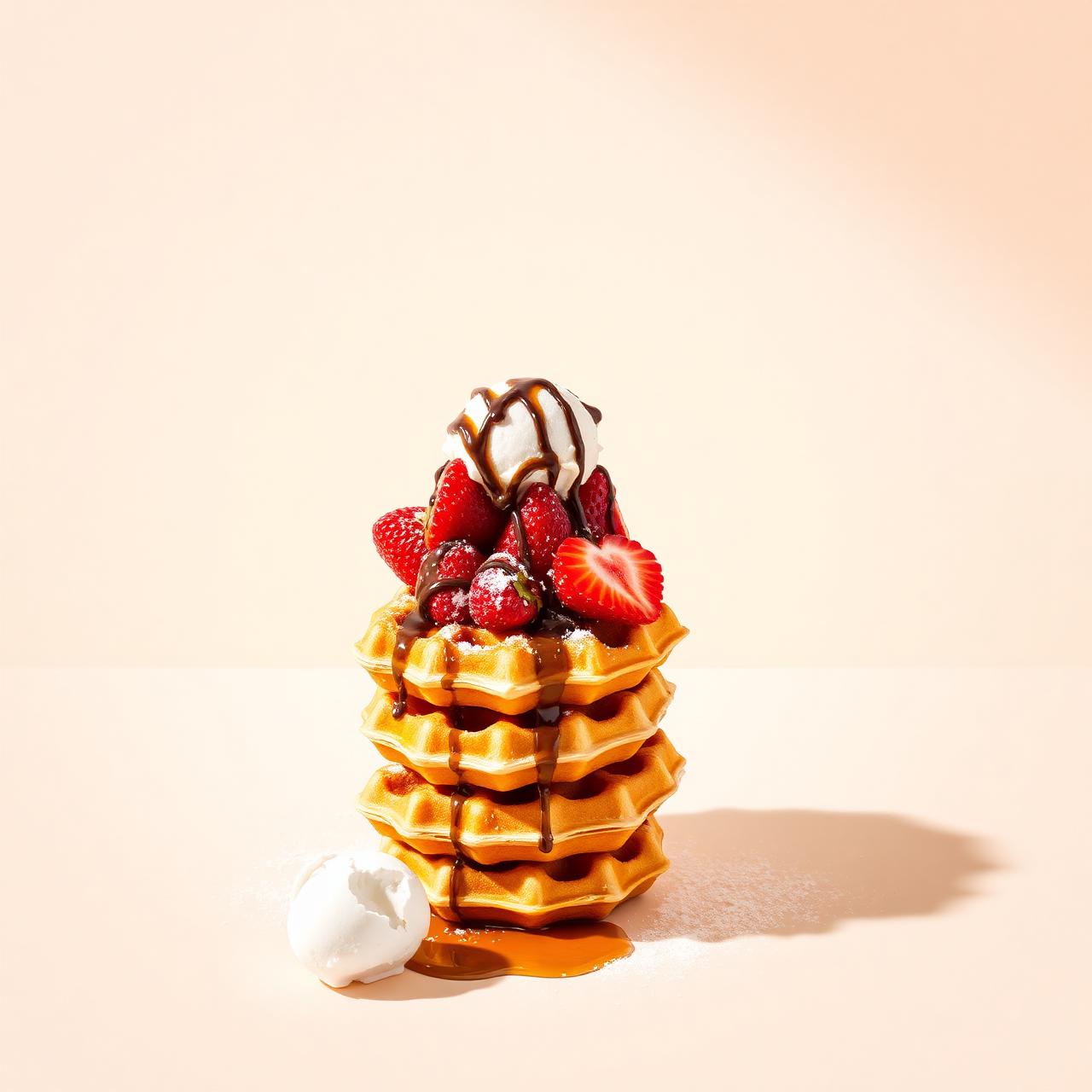 Stacked box waffle with strawberries, chocolate and ice cream